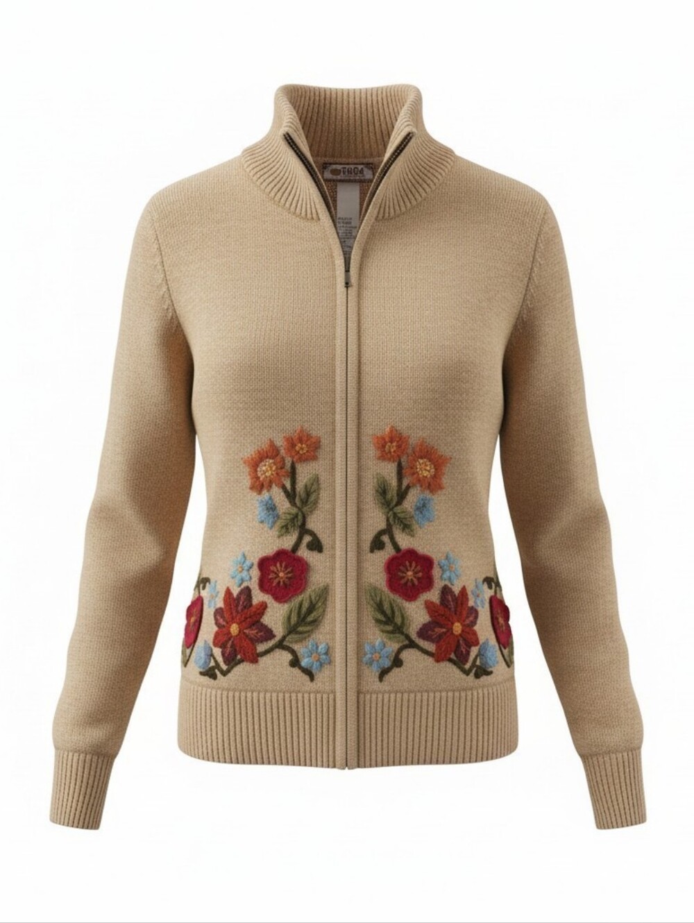 Tiara Beige Zip Cardigan with Multicolor Floral Embroidery